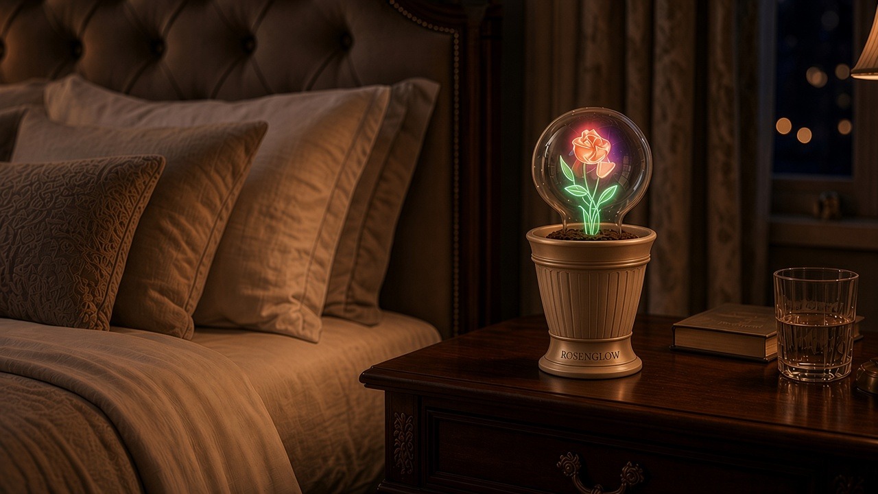Rosenglow lamp glowing in a study
